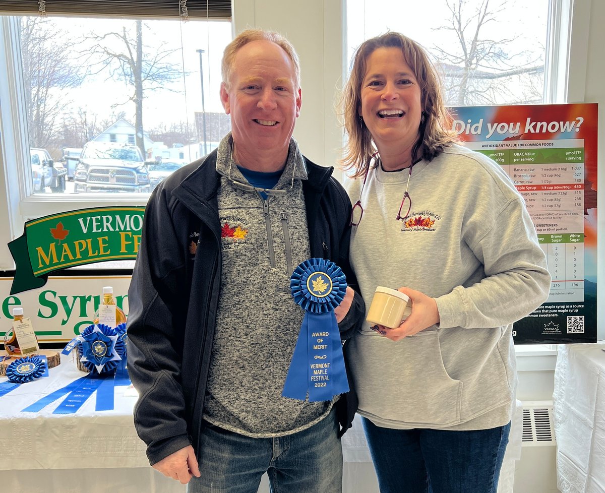 Cathy and Rusty Branon celebrating their award winning products at Vermont Maple Festival